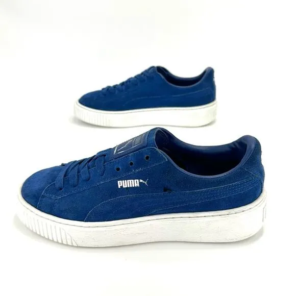 PUMA “ELEMENTAL” BLUE SUEDE PLATFORM LACE-UP LOW TOP ATHLEISURE SNEAKERS