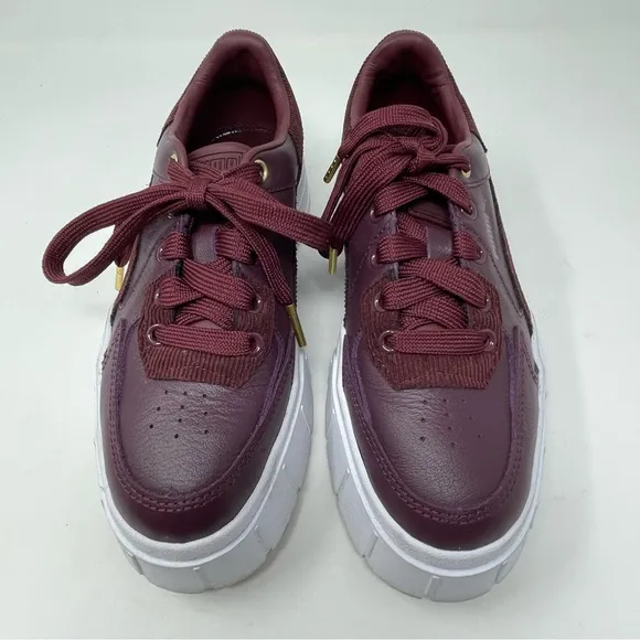 Puma Platform Sneakers Vegan Leather Lace Up Burgundy White Sz. 7