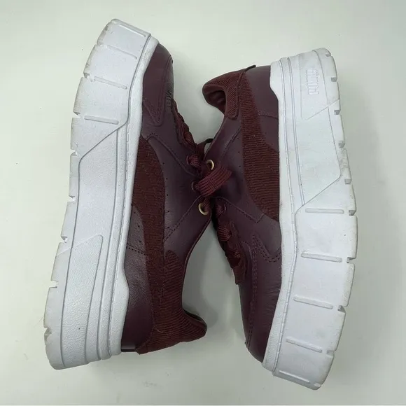 Puma Platform Sneakers Vegan Leather Lace Up Burgundy White Sz. 7