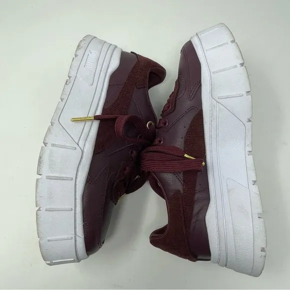 Puma Platform Sneakers Vegan Leather Lace Up Burgundy White Sz. 7