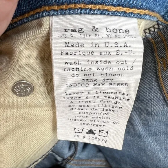 Rag &amp; Bone Jean the Dre Bradford Medium Blue Wash Raw Edge Frayed Denim Jeans
