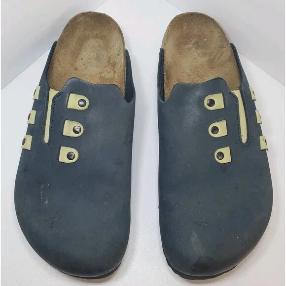 Rare Birkenstock Papillio Womens Sz 41/US 10 mule Clog Leather Navy Blue Green