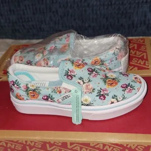 Rare ComfyCush Slip On Vans Sample Shoes Size 13 (Garden Floral) Aquatic / White