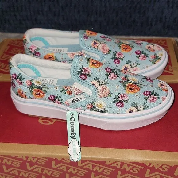 Rare ComfyCush Slip On Vans Sample Shoes Size 13 (Garden Floral) Aquatic / White