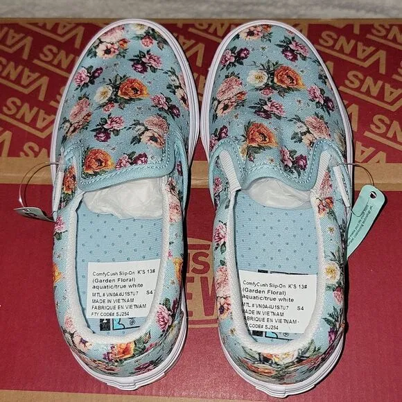 Rare ComfyCush Slip On Vans Sample Shoes Size 13 (Garden Floral) Aquatic / White