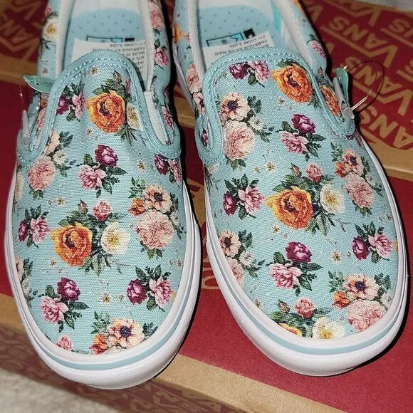 Rare ComfyCush Slip On Vans Sample Shoes Size 13 (Garden Floral) Aquatic / White