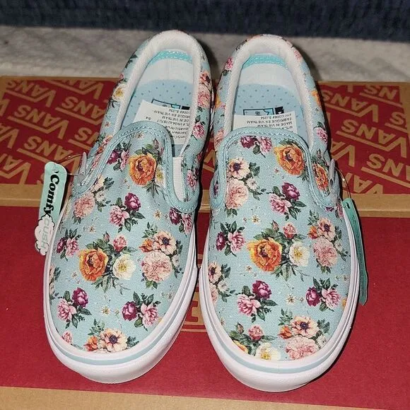 Rare ComfyCush Slip On Vans Sample Shoes Size 13 (Garden Floral) Aquatic / White