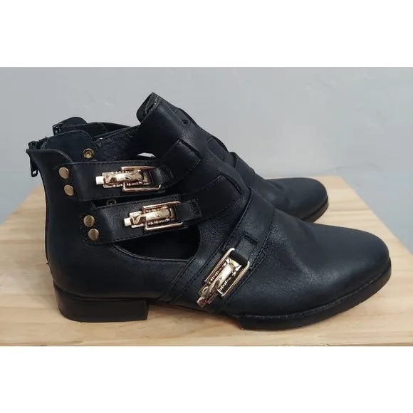 RARE Modern Vice &quot;Millie&quot; Leather Ankle Boots Womens Black Gold Size 7 1…