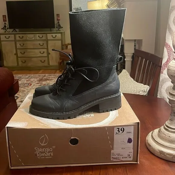 RARE SERGIO TOMANI Ela Leather Black Zip Up &amp; Lace Up Boots w/box - 39