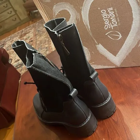 RARE SERGIO TOMANI Ela Leather Black Zip Up &amp; Lace Up Boots w/box - 39