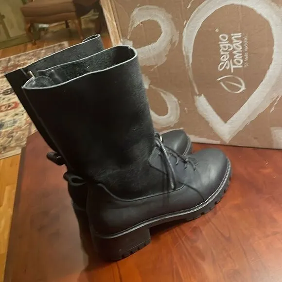RARE SERGIO TOMANI Ela Leather Black Zip Up &amp; Lace Up Boots w/box - 39