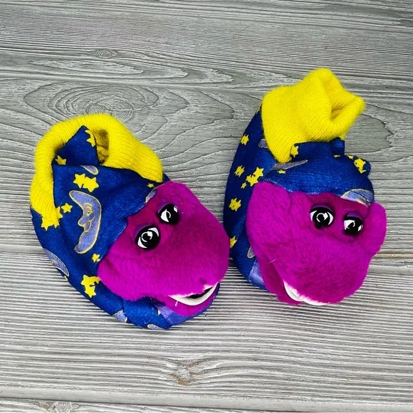 Rare Vintage 1990s retro bedtime with Barney dinosaur slippers / shoes 1-2 plush