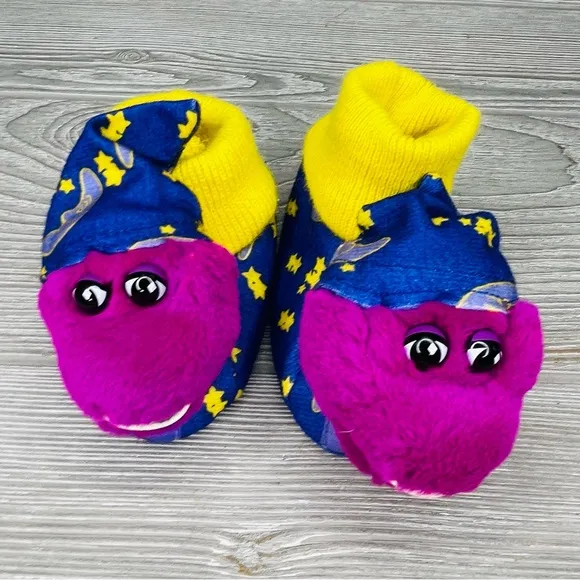 Rare Vintage 1990s retro bedtime with Barney dinosaur slippers / shoes 1-2 plush
