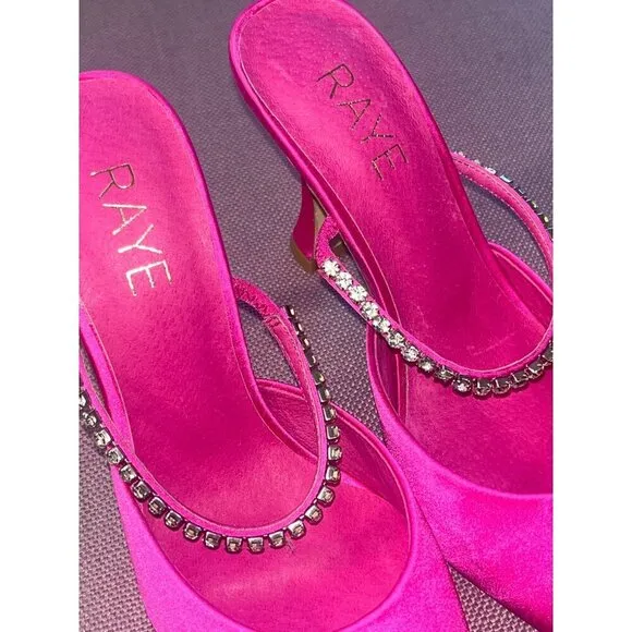 RAYE Jinxx Crystal High Heels in Pink 5.5 with Box Womens Satin Mules