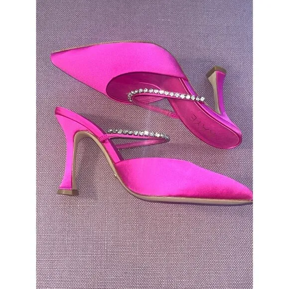 RAYE Jinxx Crystal High Heels in Pink 5.5 with Box Womens Satin Mules