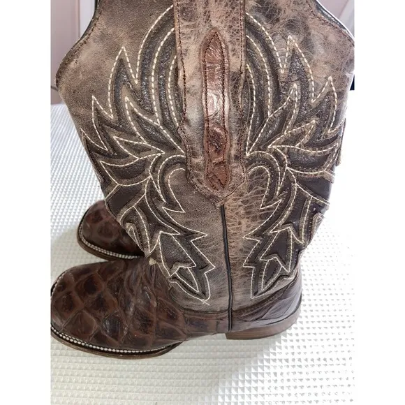 RDR Cowboy Boots Mexico Buffy Cafe Fish Print Square Toe‎ Men's 6.5 Mexico 23.5