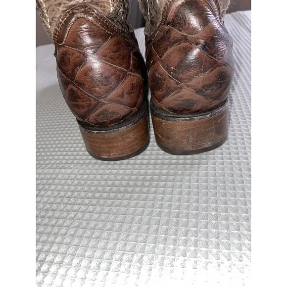 RDR Cowboy Boots Mexico Buffy Cafe Fish Print Square Toe‎ Men's 6.5 Mexico 23.5