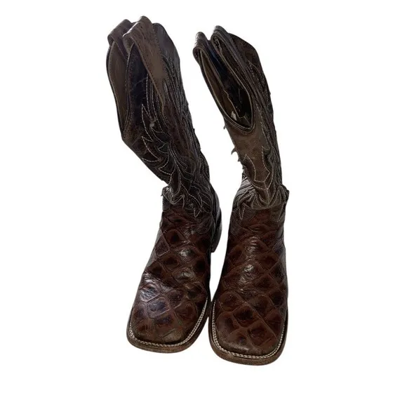 RDR Cowboy Boots Mexico Buffy Cafe Fish Print Square Toe‎ Men's 6.5 Mexico 23.5