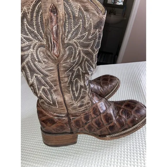 RDR Cowboy Boots Mexico Buffy Cafe Fish Print Square Toe‎ Men's 6.5 Mexico 23.5