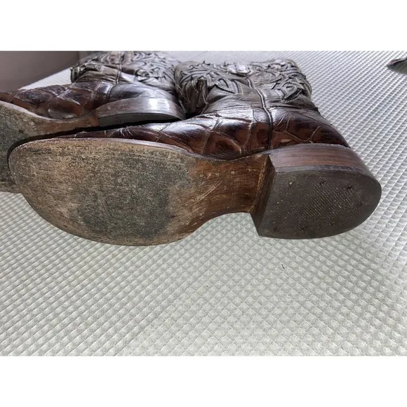 RDR Cowboy Boots Mexico Buffy Cafe Fish Print Square Toe‎ Men's 6.5 Mexico 23.5