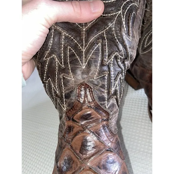 RDR Cowboy Boots Mexico Buffy Cafe Fish Print Square Toe‎ Men's 6.5 Mexico 23.5