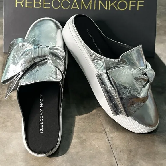 Rebecca Minkoff Neva Leather Mule Sneaker Metallic Silver, Size 6,platform wedge