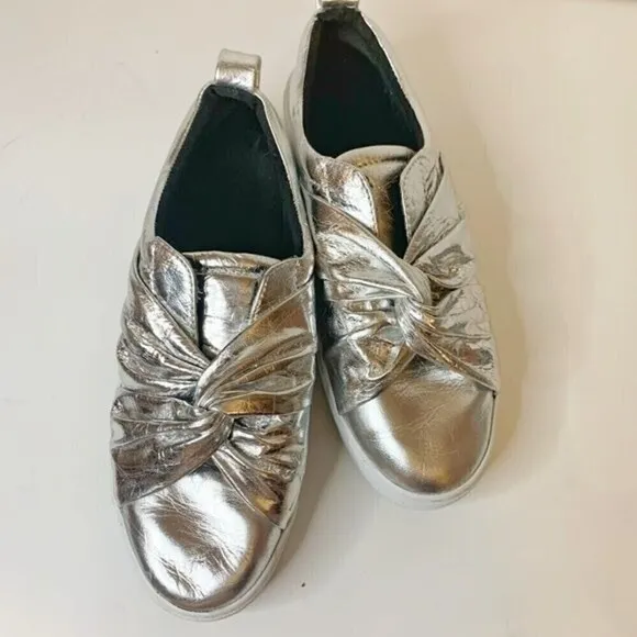 Rebecca Minkoff Nicole Silver Metallic Knot Platform Comfy Slip On Sneakers