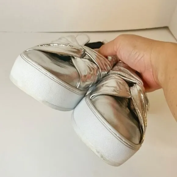 Rebecca Minkoff Nicole Silver Metallic Knot Platform Comfy Slip On Sneakers