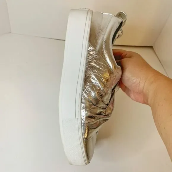 Rebecca Minkoff Nicole Silver Metallic Knot Platform Comfy Slip On Sneakers