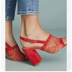 Red Lace Anthropologie Slingback Block Heels (Size 9.5)