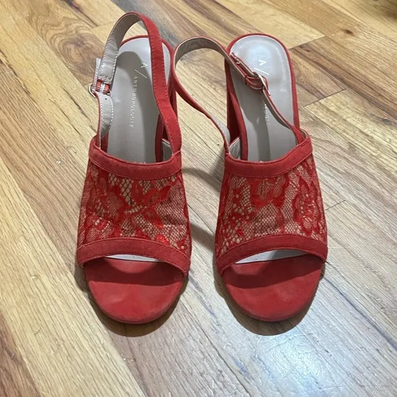 Red Lace Anthropologie Slingback Block Heels (Size 9.5)