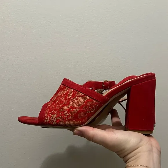 Red Lace Anthropologie Slingback Block Heels (Size 9.5)