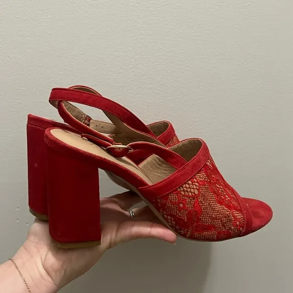 Red Lace Anthropologie Slingback Block Heels (Size 9.5)