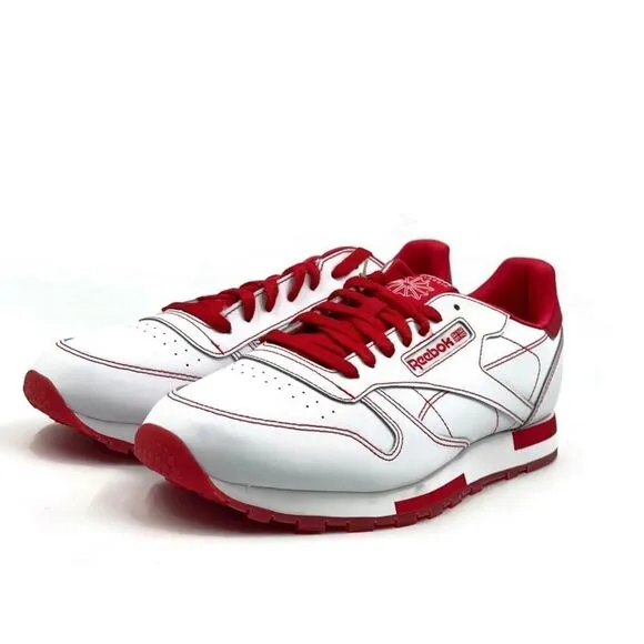 Reebok Classic Leather Men Sz 8-13 Casual Retro Shoe White Red Sneaker Trainer