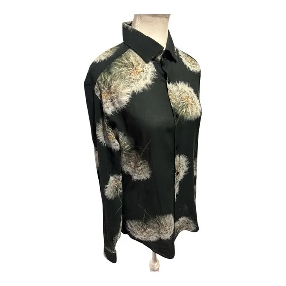 REISS Apache - Mens Dandelion Print Organic Cotton Shirt in Black Slim Fit Sz L
