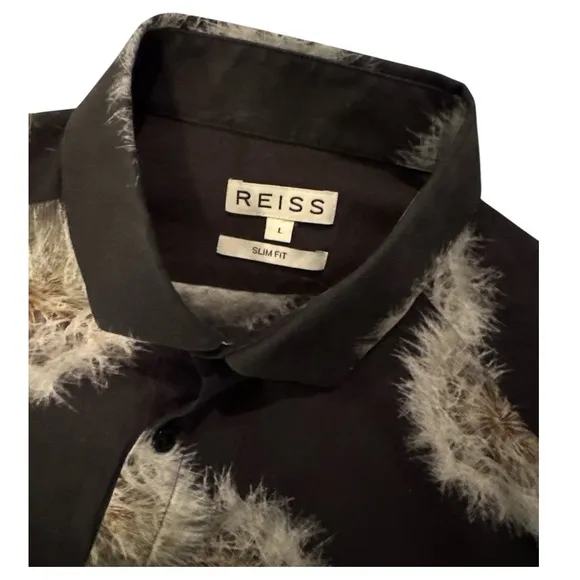 REISS Apache - Mens Dandelion Print Organic Cotton Shirt in Black Slim Fit Sz L