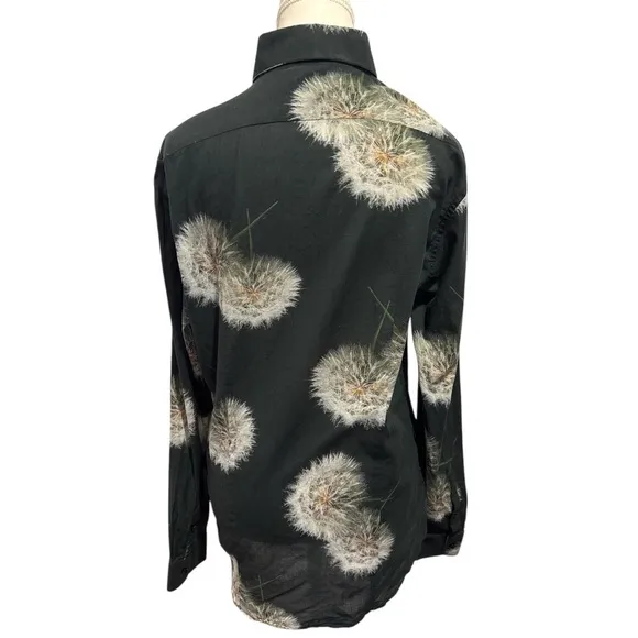 REISS Apache - Mens Dandelion Print Organic Cotton Shirt in Black Slim Fit Sz L