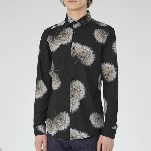 REISS Apache - Mens Dandelion Print Organic Cotton Shirt in Black Slim Fit Sz L