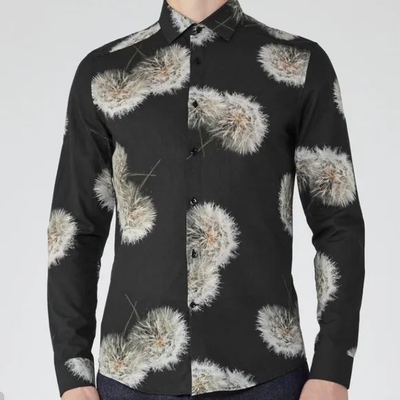 REISS Apache - Mens Dandelion Print Organic Cotton Shirt in Black Slim Fit Sz L