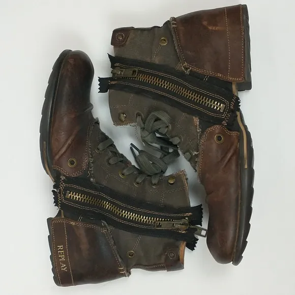 Replay Clutch Boots Mens 11 Brown Leather Moto Biker Zip Combat Lace Up Retro