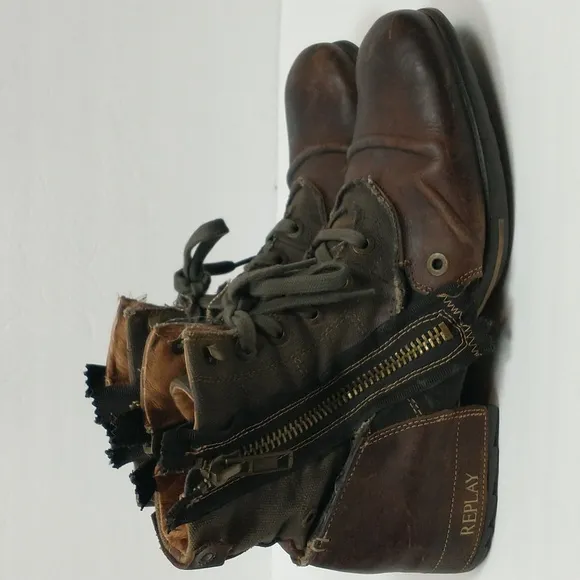 Replay Clutch Boots Mens 11 Brown Leather Moto Biker Zip Combat Lace Up Retro