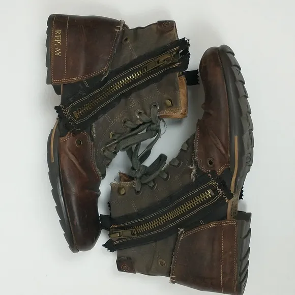 Replay Clutch Boots Mens 11 Brown Leather Moto Biker Zip Combat Lace Up Retro