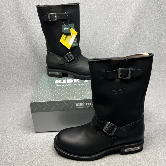 Ride Tecs Mens Enginee Motorcycle Leather Boots Size 11 Wide Black Oil-Resistant