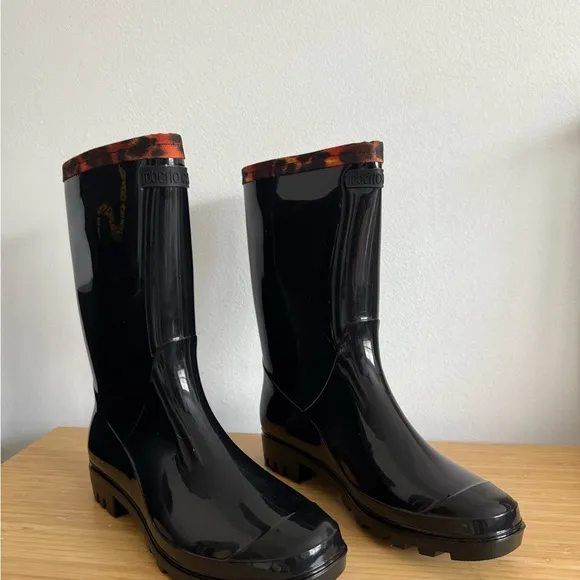 Roberto Cavalli Black Rain Boots with Leopard Print Cuff