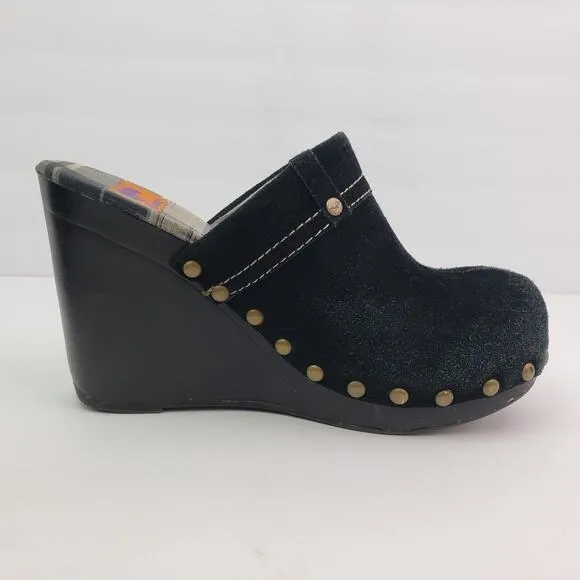 Rocket Dog Womens Size 9 Black Suede Slip On Studded Wedge Mule Clog Shoes
