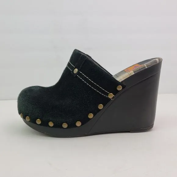 Rocket Dog Womens Size 9 Black Suede Slip On Studded Wedge Mule Clog Shoes