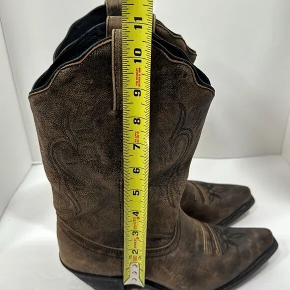 Rockin Country Brown Leather Cowgirl Western Pointed Toe Distressed Heel Boots