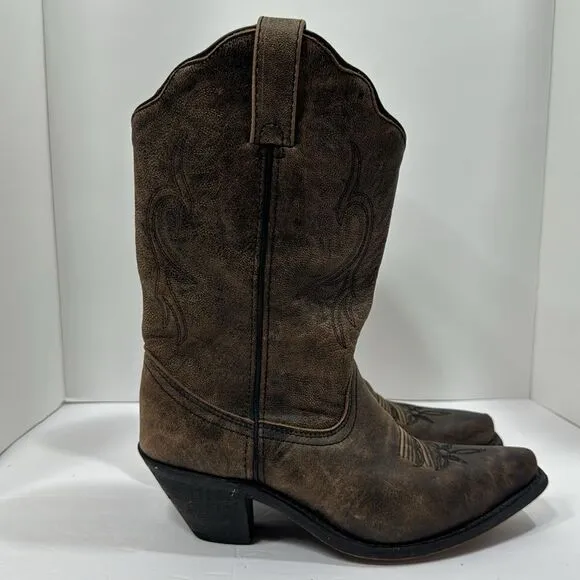 Rockin Country Brown Leather Cowgirl Western Pointed Toe Distressed Heel Boots