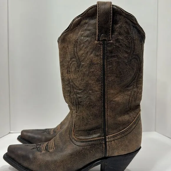 Rockin Country Brown Leather Cowgirl Western Pointed Toe Distressed Heel Boots