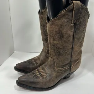 Rockin Country Brown Leather Cowgirl Western Pointed Toe Distressed Heel Boots